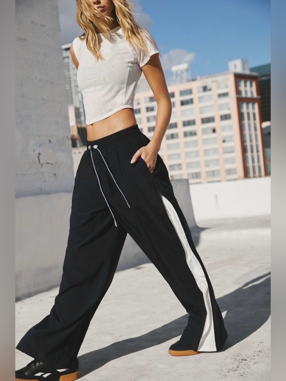 Free People FP Movement Primetime Pants, Size M, Black & White, Zippered stripe